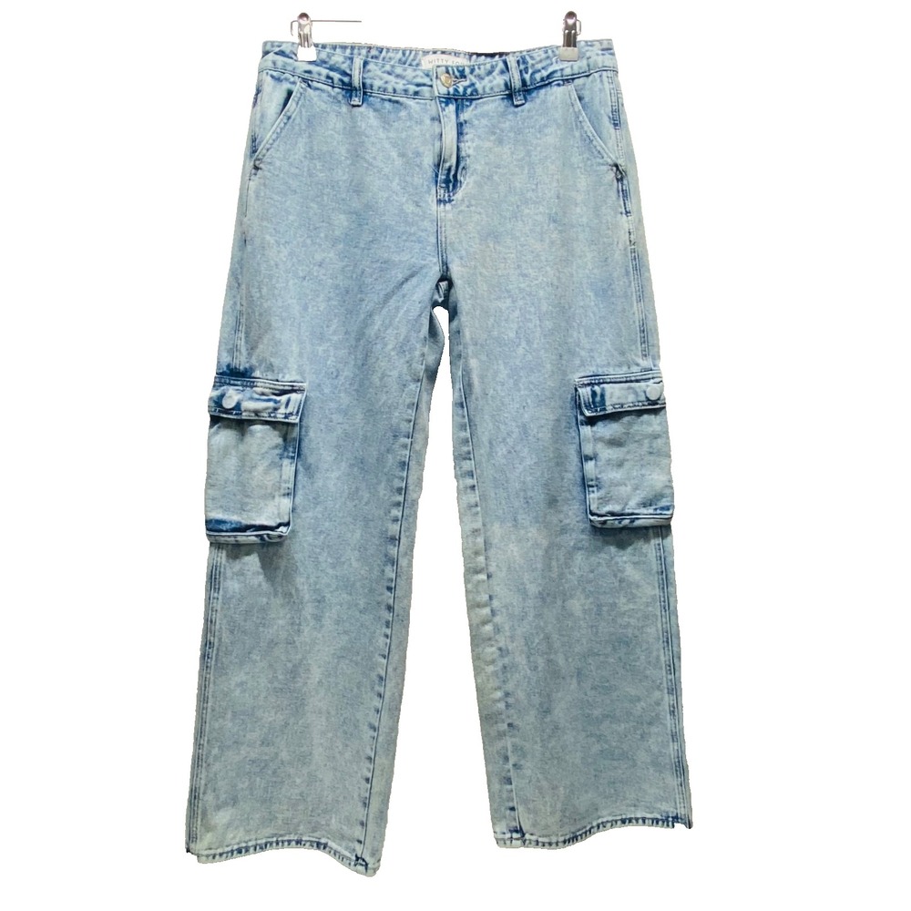 Witty Fox Cargo Jeans Women's 11/30 Light Blue Acid Wash High Rise Wide Leg EUC
